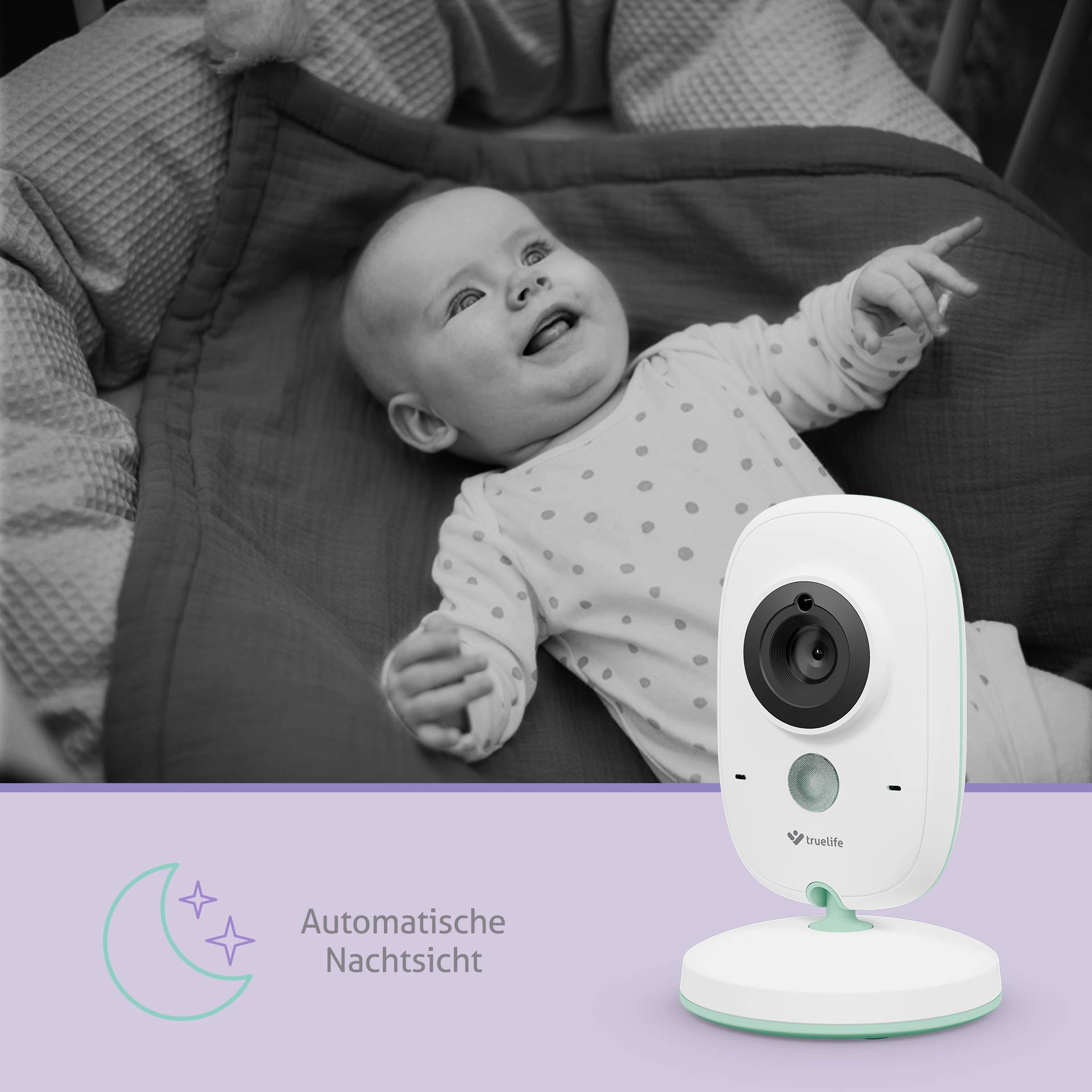 Ein Baby liegt lachend unter einer Decke. Neben dem Bild ist eine runde Kamera abgebildet mit der Aufschrift 'Automatische Nachtsicht'.
