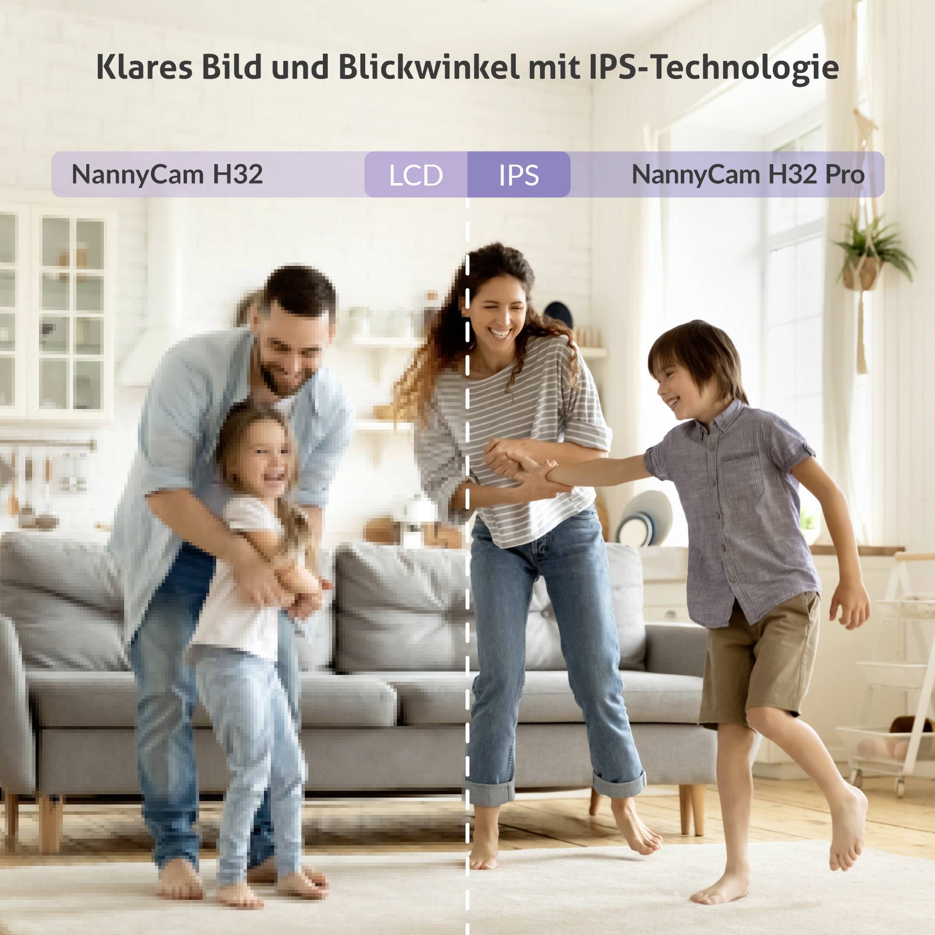 Eine Familie erfreut sich zu Hause mit klarer Bildqualität dank IPS-Technologie. Links ein Vater mit Tochter, rechts Mutter mit Sohn.