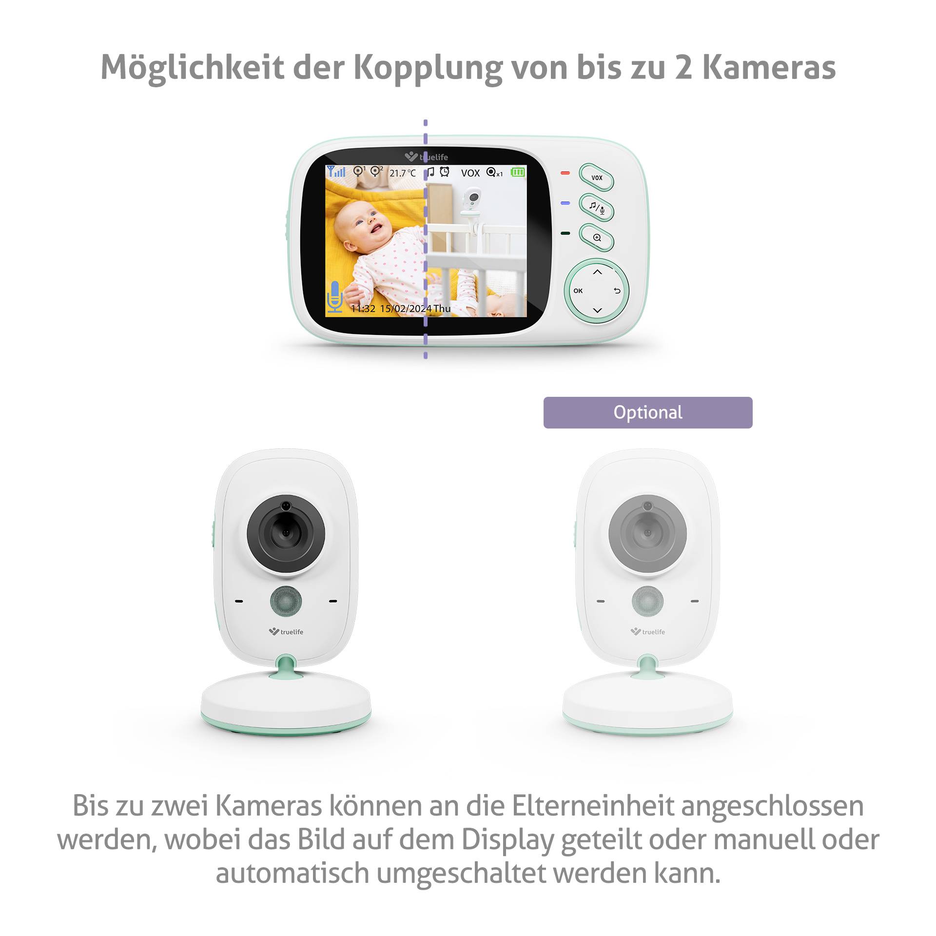 'Kopplung von bis zu 2 Kameras' zeigt ein Babyphone-Display mit schlafendem Baby und zwei optionale Kameras, die verbunden werden können.