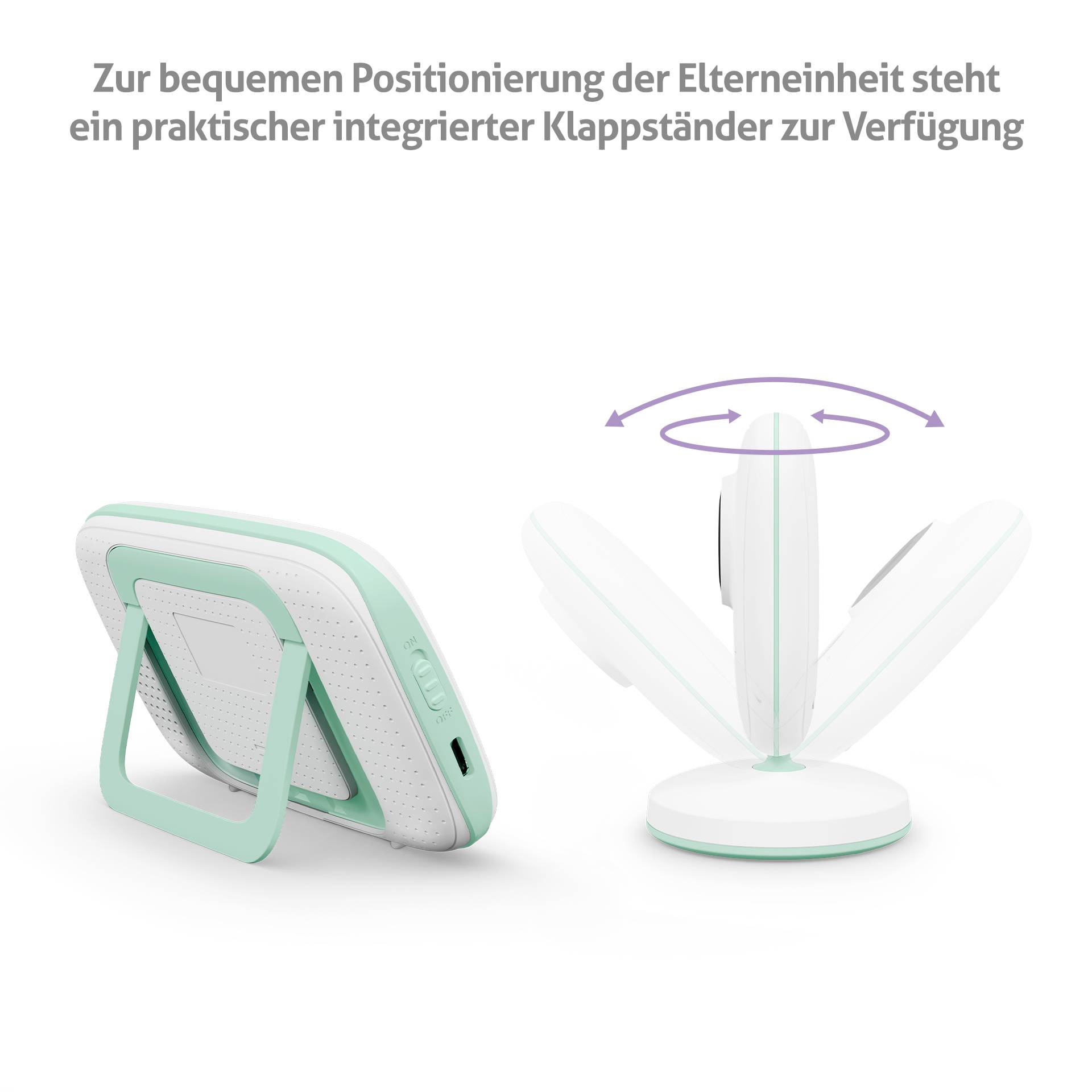 Bild eines Babyphones mit grünem Klappständer. Der Text erklärt, dass der Ständer für eine bequeme Positionierung der Elterneinheit sorgt.