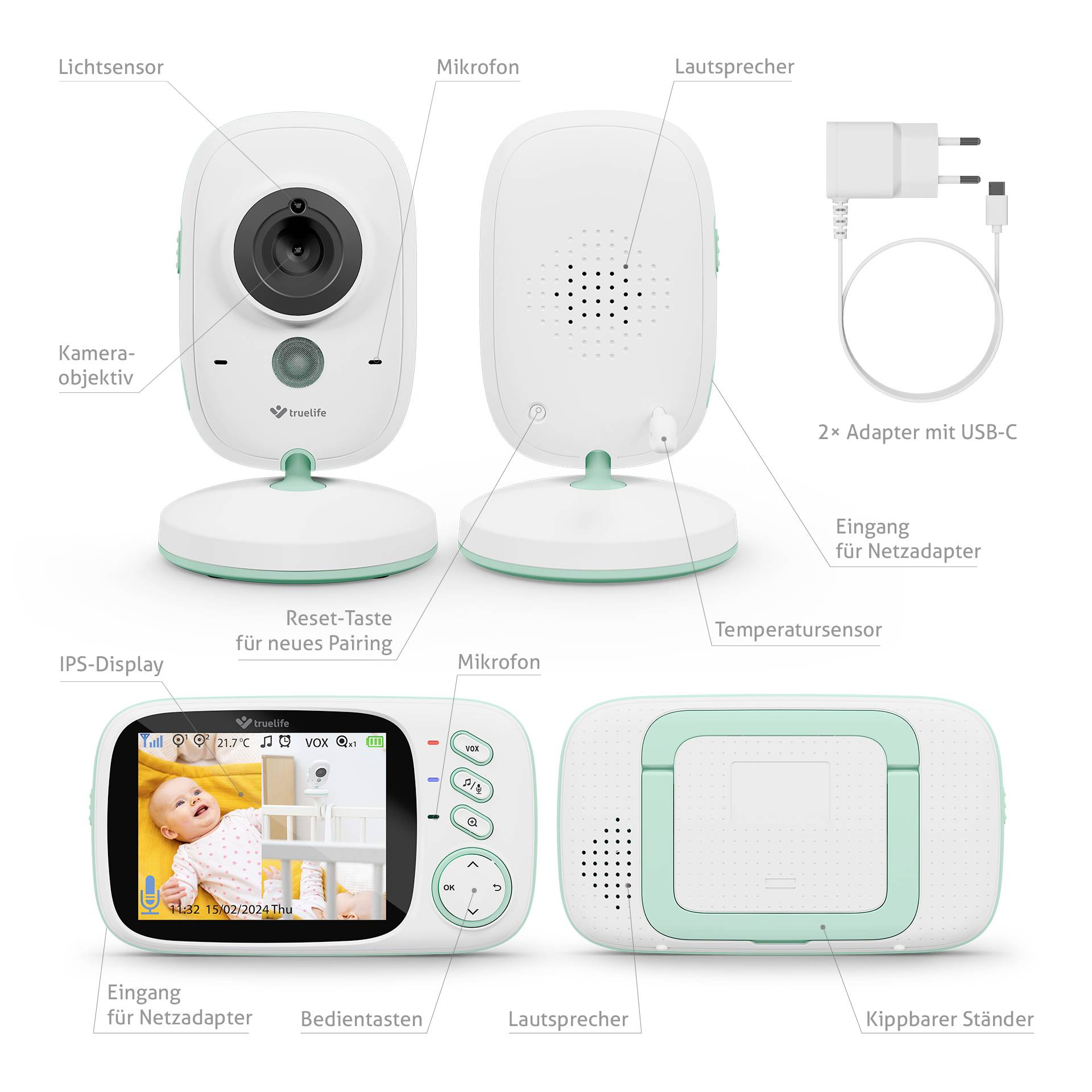 Babyphone mit Kamera und Monitor. Features: Lautsprecher, Mikrofons, IPS-Display, Reset-Taste, Temperaturmesser, Netzadapteranschlüsse.