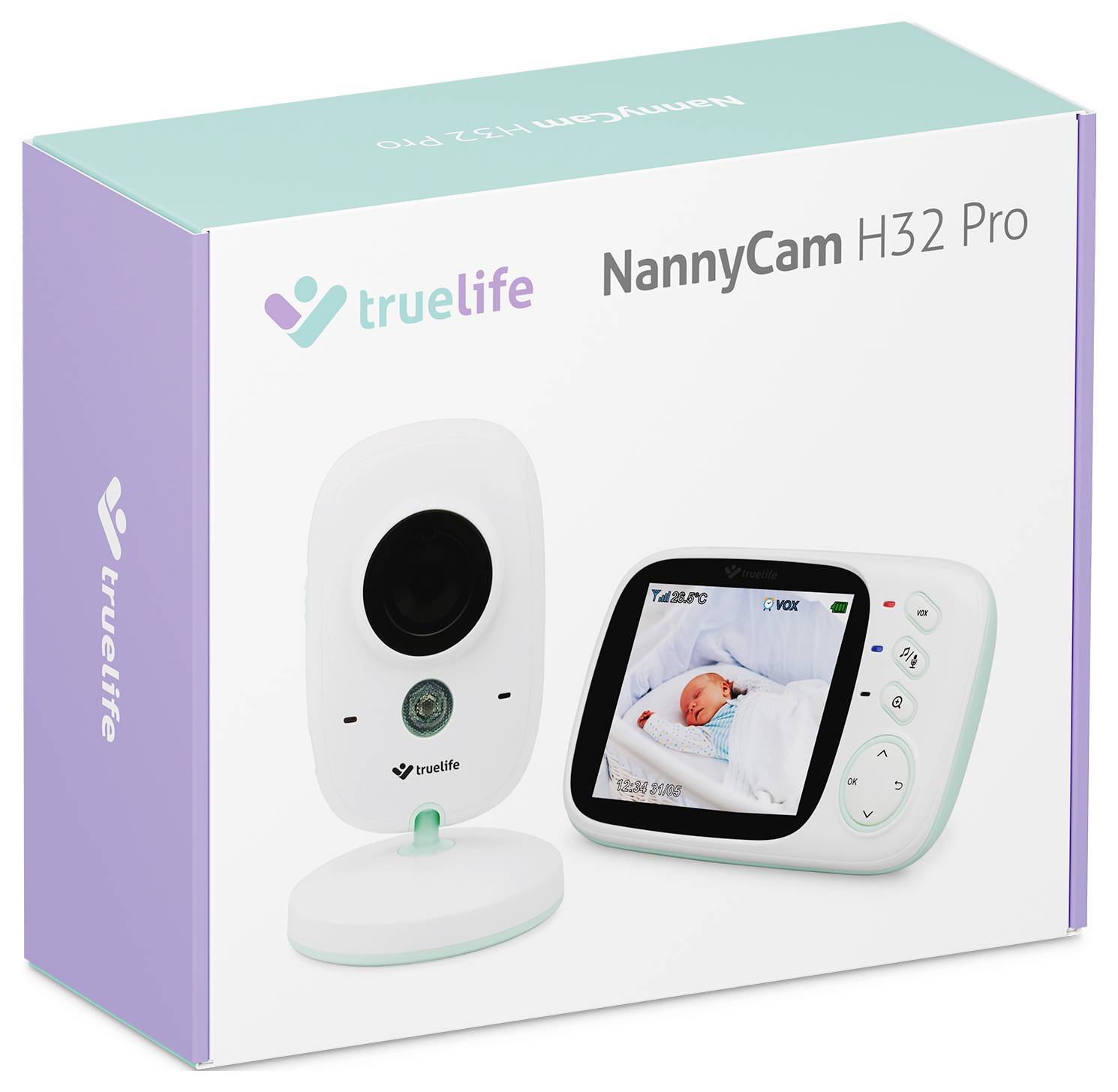 Die Verpackung zeigt eine NannyCam H32 Pro mit Kamera und Baby-Monitor. Ein schlafendes Baby erscheint auf dem Monitorbildschirm.