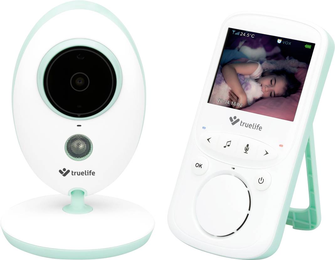 Ein Babyphone-Set mit Kamera und Monitor. Der Monitor zeigt ein schlafendes Kind. Markenlogo 'truelife' ist sichtbar.