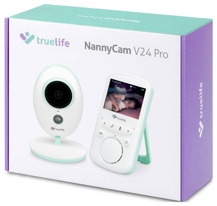 Eine Babycam-Verpackung mit der Aufschrift 'trueLife NannyCam V24 Pro', zeigt ein Kameragerät und einen Monitor mit schlafendem Baby.