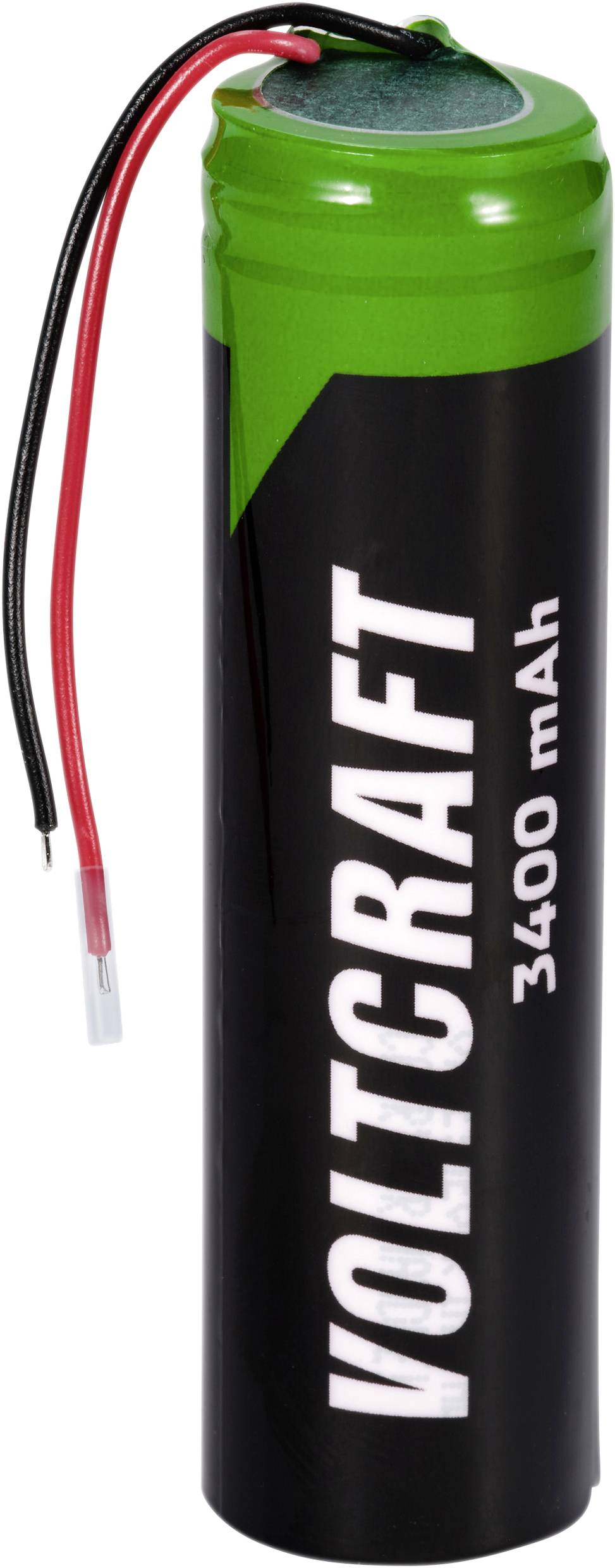 Zylindrische Batterie mit der Aufschrift 'VOLTCRAFT 3400 mAh' und zwei Kabelanschlüssen oben.