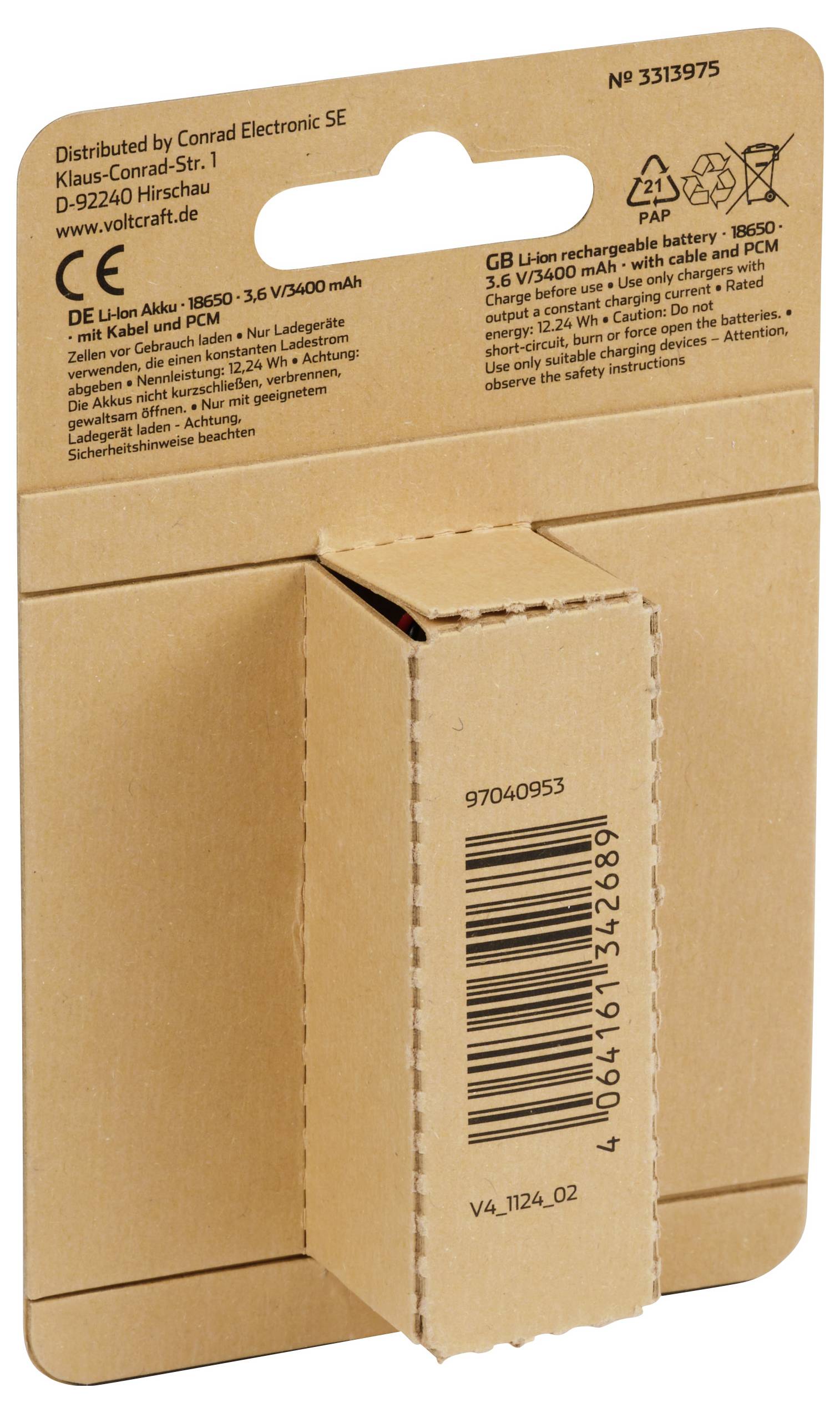 VOLTCRAFT VC-18650PCM Spezial-Akku 18650 Kabel Lithium 3.6V 3400 mAh 1St.