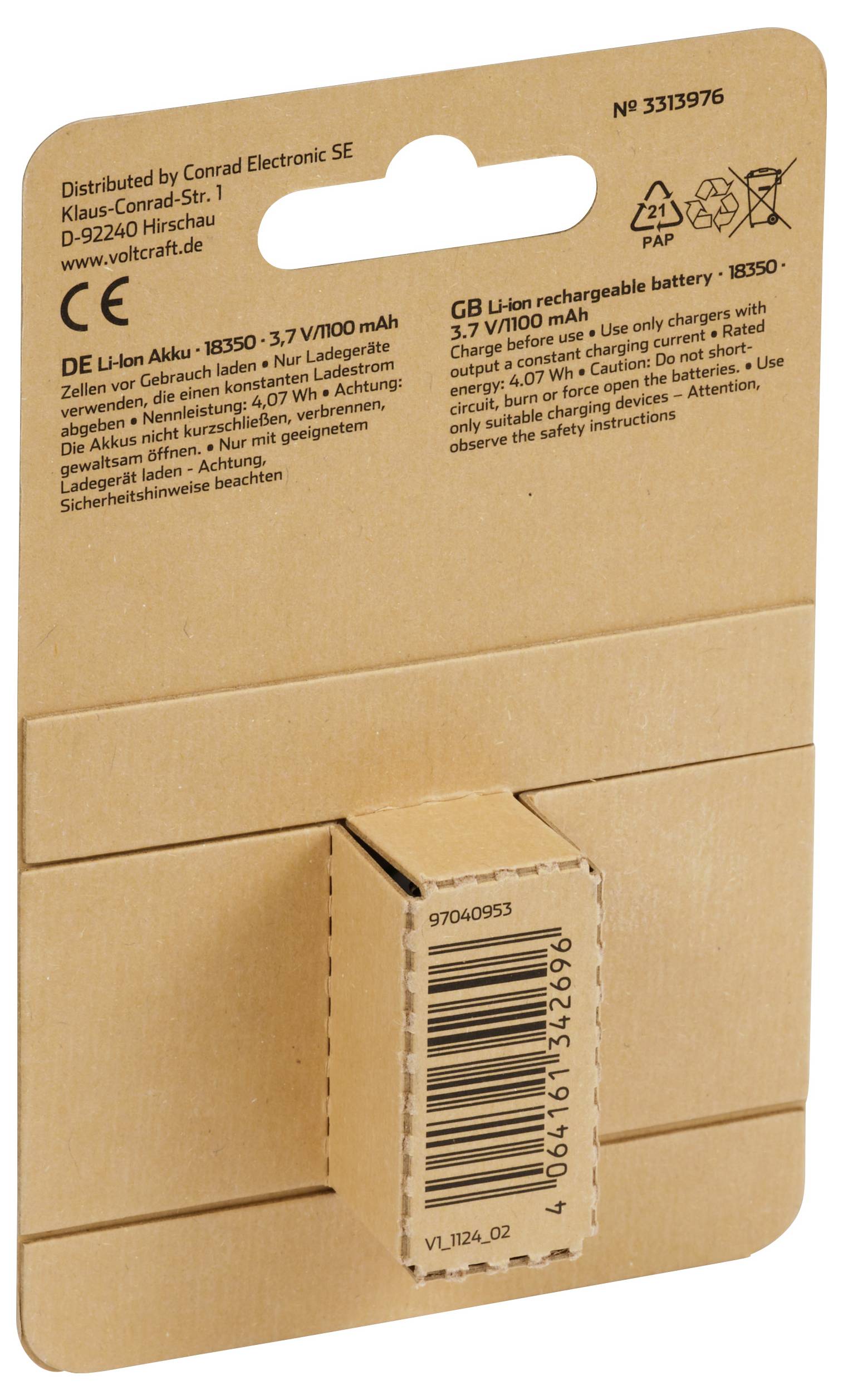 VOLTCRAFT VC-18350 Spezial-Akku 18350 Flat-Top Lithium 3.7V 1100 mAh 1St.