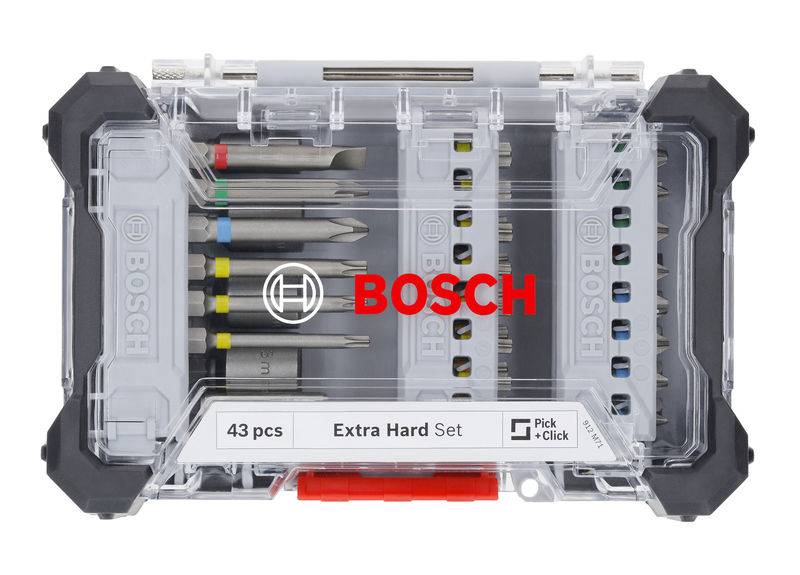 Satz von 43 Bosch Bits, Extra Hard, in transparentem Kunststoffetui. Enthält verschiedene Schraubendreherbits, ideal für Heimwerker.