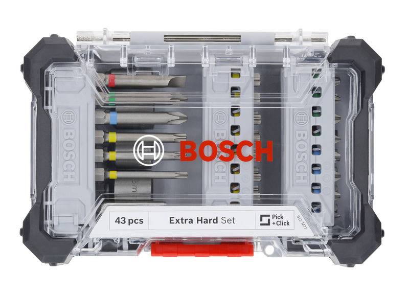 Schraubendreher-Set in Kunststoffbox von Bosch, 43 Teile, Beschriftung 'Extra Hard Set', enthält verschiedene Bits und Aufsätze.