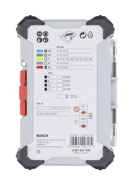 Bosch Bohrer-Set mit Farbcodierung zur einfachen Identifikation der Größen und Typen, Kunststoffbox mit 14 Bohrern, 25 mm Länge.