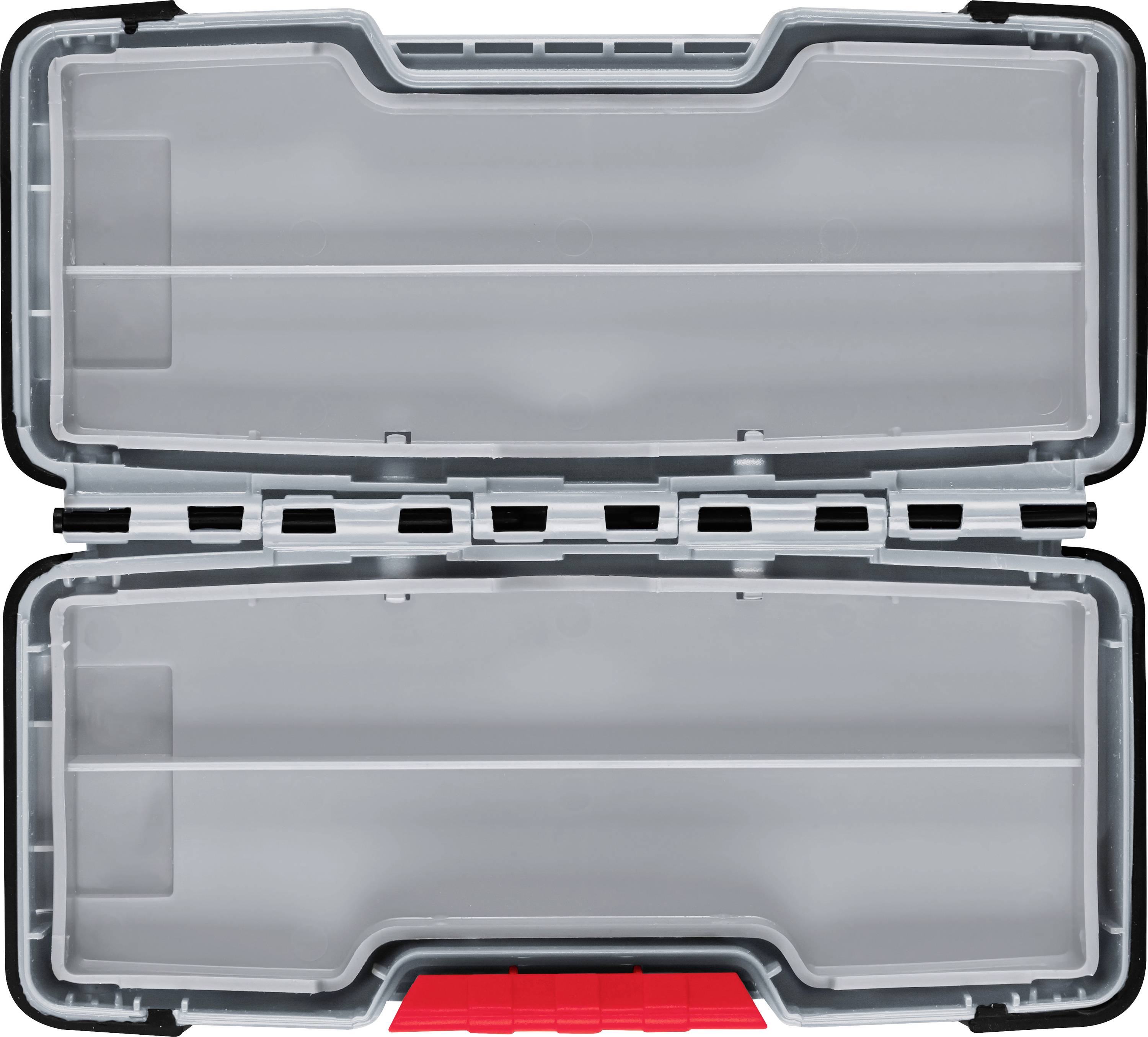 Leere, transparente Plastikbox mit schwarzem Rand und rotem Verschluss, geöffnet und in zwei Fächer unterteilt.