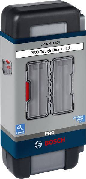 Ein grauer 'PRO Tough Box small' von Bosch, geeignet zur sicheren Aufbewahrung, mit robustem Design und kleinem roten Verschluss.