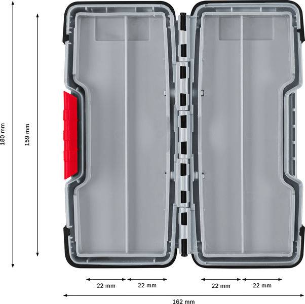 Leerer, rechteckiger Kunststoffbehälter mit Maßen: 180 mm x 162 mm insgesamt, Fächer 22 mm breit. Offene Klappansicht.