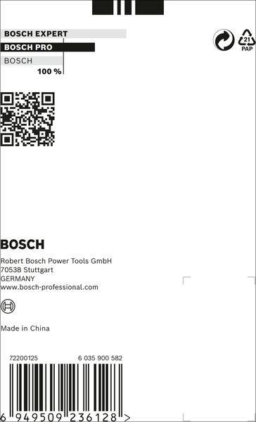 Etikett eines Bosch Produkts mit QR-Code, Text 'BOSCH EXPERT', 'BOSCH PRO', 'Made in China', und einem Recycling-Symbol.