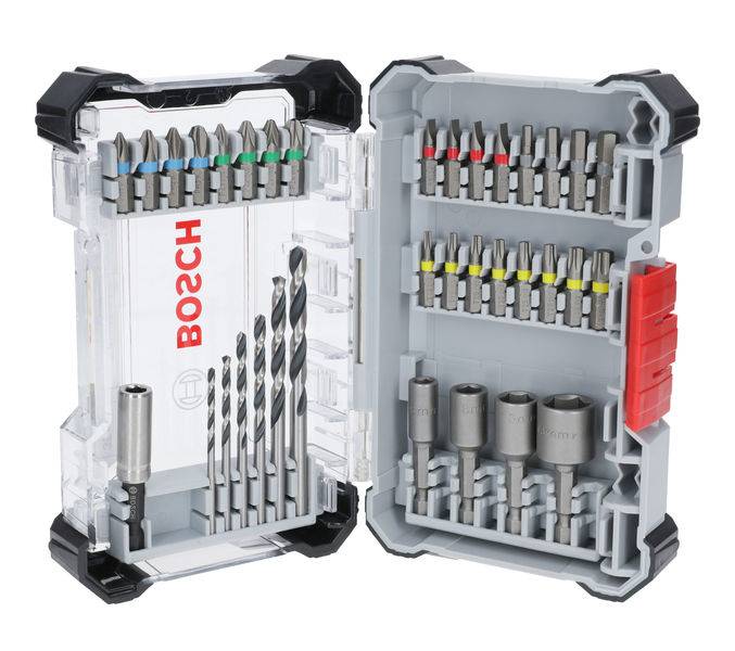 Offenes Bosch-Bohrer- und Bit-Set mit Bits, Bohrern und Steckschlüsseln in einem transparenten Kunststoffgehäuse.
