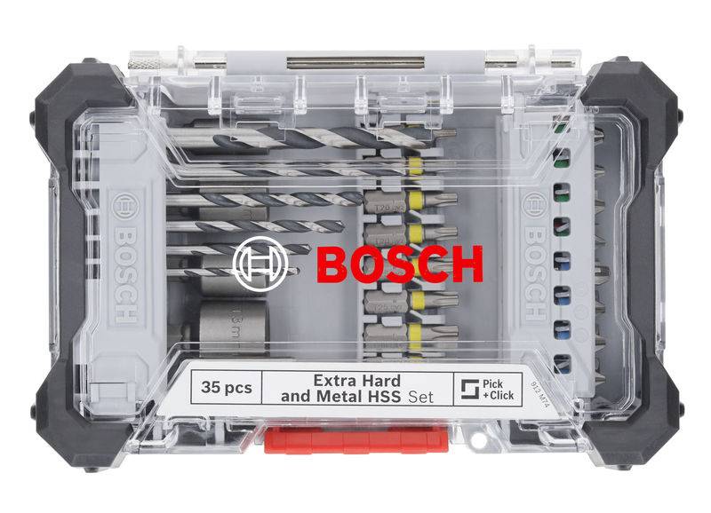 Bosch Bohrerset mit 35 Teilen, extra hart und Metall HSS, im transparenten Kunststoffgehäuse, sichtbare unterschiedliche Bohrergrößen.