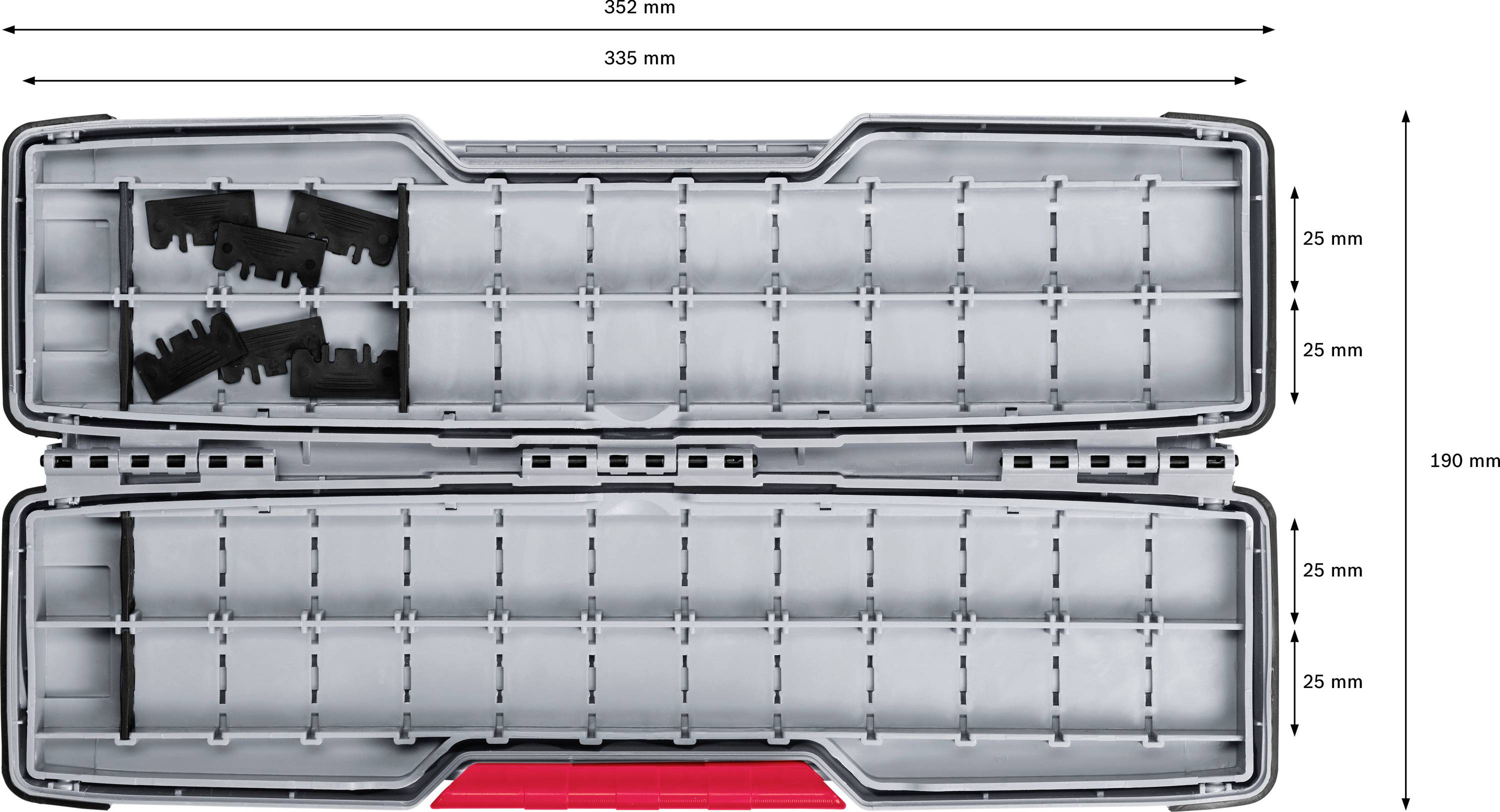 Grauer Kunststoffkasten mit mehreren Fächern und herausnehmbaren Trennwänden. Außen sind Maßangaben in Millimetern zu sehen.