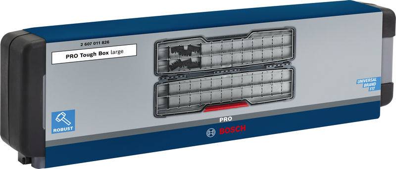 Große graue Aufbewahrungsbox mit blauen Seitenteilen und rotem Verschlussknopf, beschriftet mit 'PRO Tough Box large'.