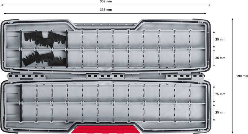 Geöffnete Aufbewahrungsbox mit Fächern und mehrere schwarze Einsätze oben links. Maße: 352 mm Länge, 190 mm Breite, Fachhöhe 25 mm.