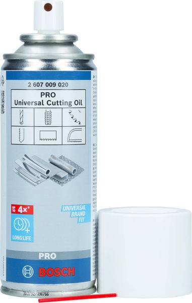 Sprühdose 'Bosch Pro Universal Cutting Oil' mit abgenommenem Deckel. Zeigt auf der Dose Anwendungsbeispiele für Schneidwerkzeuge.