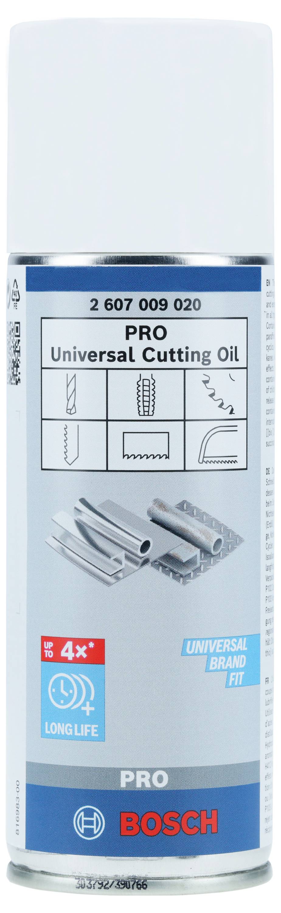 Eine Dose Universal-Schneidöl von Bosch, geeignet für Bohr- und Gewindeschneidarbeiten auf Metall, mit 'Longlife'-Symbol.
