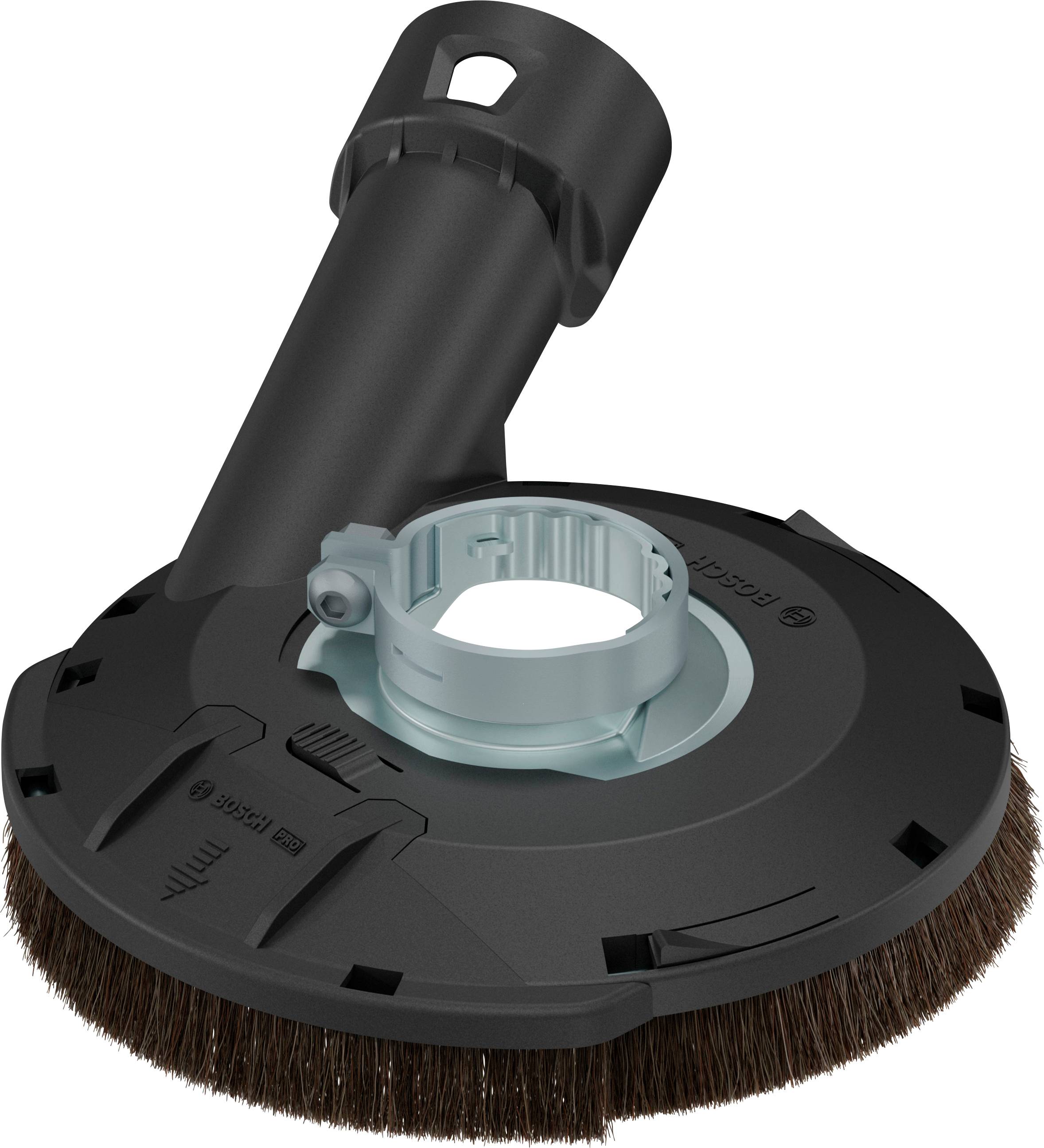 Schleifschutzabdeckung aus Kunststoff mit Borstenbesatz und Klemmverschluss, kompatibel mit Winkelschleifern zur Staubreduzierung.