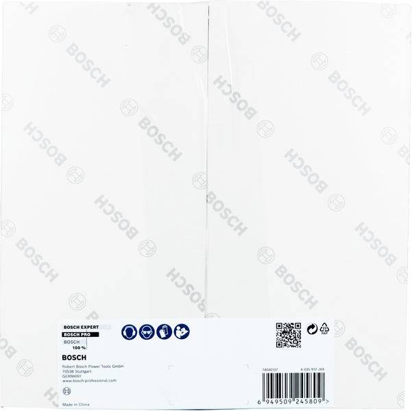 Weiße Verpackung mit 'Bosch' Logo-Muster. Unten links Details zu Bosch Expert Bohrer-Set. QR-Code und Herstellerinformationen sichtbar.