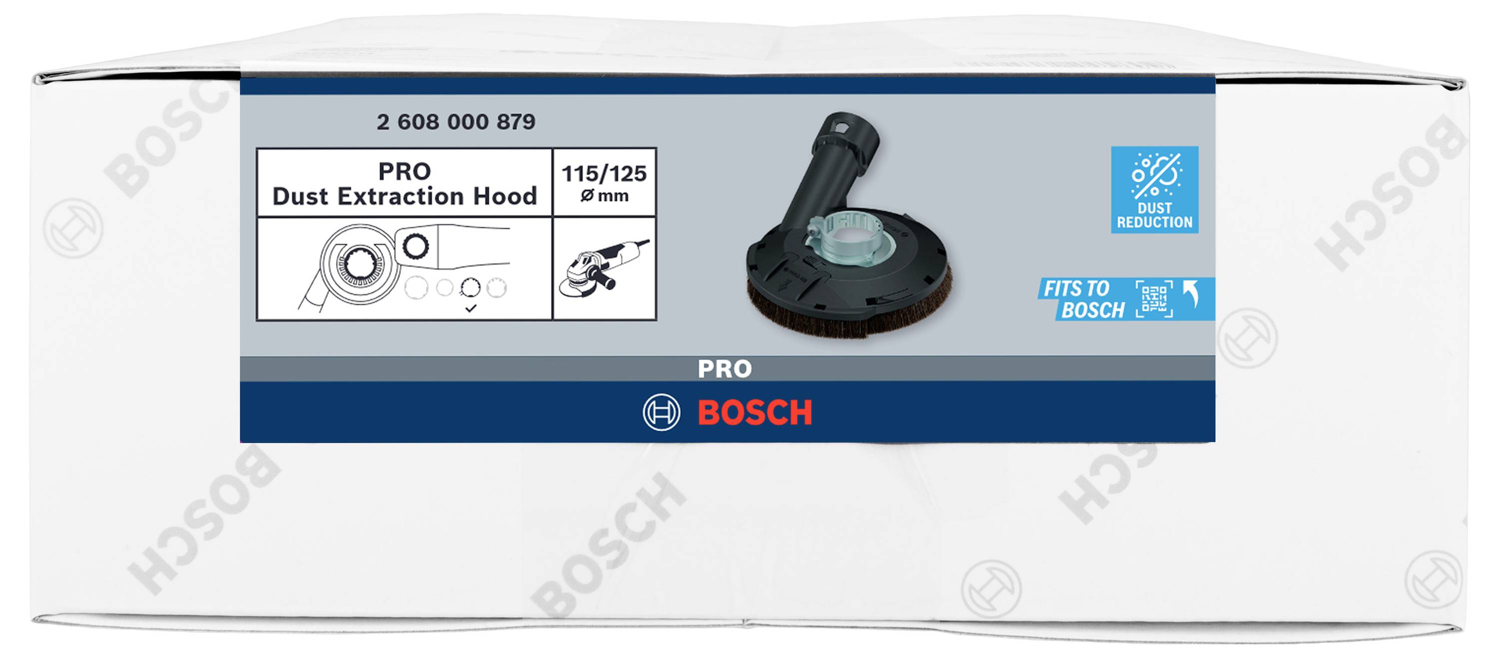 Staubabsaughaube PRO für 115/125 mm Winkelschleifer von Bosch. Bild zeigt Produkt mit Logo und Einbauinformation.