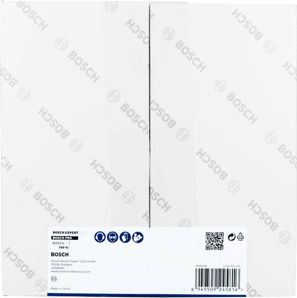 'Bosch' Kartonverpackung mit Produktinformationen und QR-Code. Markenlogo mehrmals aufgedruckt.