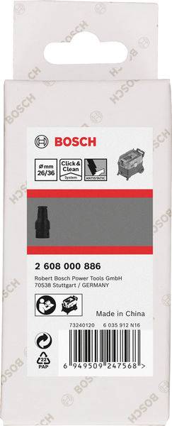 Verpackung eines Bosch-Zubehörs für Werkzeuge. Enthält Angaben wie Modellnummer 2 608 000 886, EAN, Hergestellt in China.