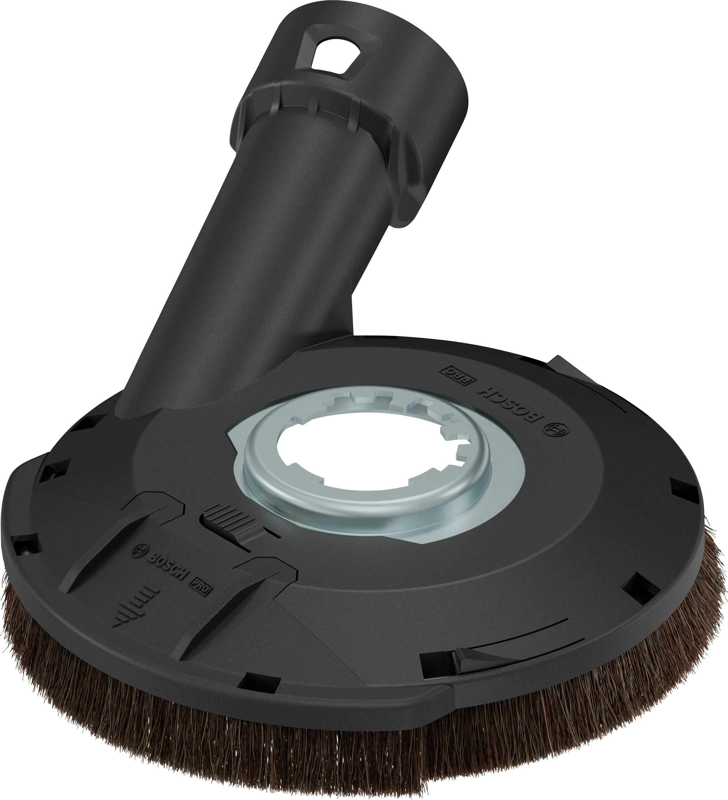 Schwarzer Schleiftopf mit Borsten und Mittenöffnung, für Winkelschleifer, dient zur Staubabsaugung bei Schleifarbeiten.