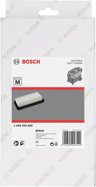 Produktverpackung von Bosch-Staubsaugerfilter mit Bild des Filters und Auflistung kompatibler Modelle. Markenname oben links.