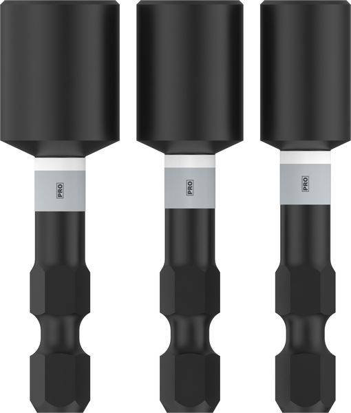 Drei schwarze Schraubendreher-Bits mit sechskantigem Schaft aus metallischem Material, jeweils mit einem grauen Ring markiert.