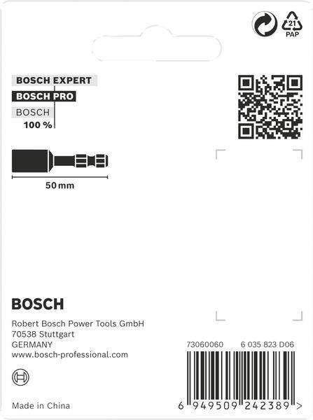 Etikett eines Bosch-Werkzeugs mit QR-Code, Produktabmessung 50 mm, Herstellerinformationen: Robert Bosch Power Tools GmbH, Stuttgart, Deutschland.