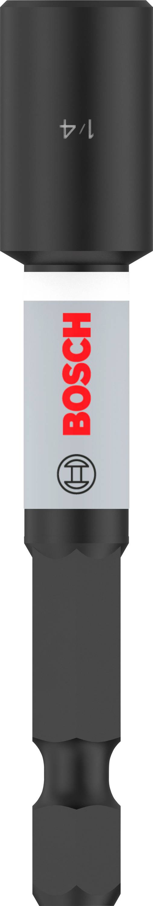 Schwarzer Bosch Schrauberbit mit silbernem Schaft, rotem Bosch-Logo und der Aufschrift '1/4'. Geeignet für Elektrowerkzeuge.
