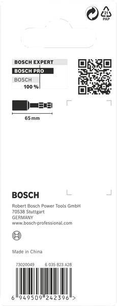 Produktverpackung für Bosch-Werkzeugaufsatz, enthält QR-Code, Strichcode und Herstellerinformationen. Made in China.