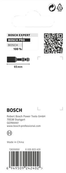 Etikett eines Bosch Bohrbits mit QR-Code, Bild des Bits und der Länge von 65 mm. Kontaktinformationen der Firma Bosch enthalten.