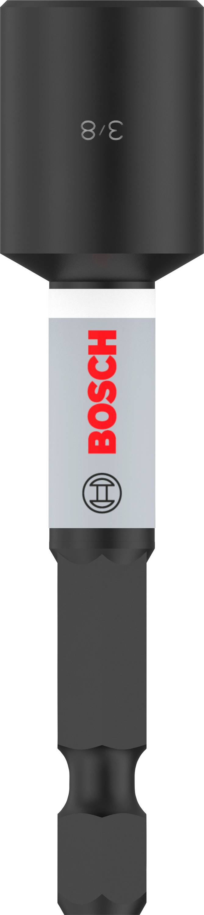 Ein schwarzer Stecknussaufsatz von Bosch mit der Aufschrift '3/8' auf der Oberseite und einem grauen Schaft mit rotem Bosch-Logo.