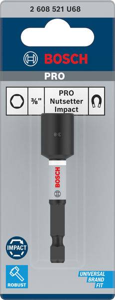'Bosch PRO Nutsetter Impact', 3/8 Zoll, mit robustem Design für universelle Anwendungen. Verpackung mit Logo und Produktinformationen.