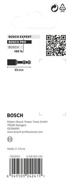 Etikett für Bosch-Produkt; zeigt QR-Code, Firmenadresse 'Robert Bosch Power Tools GmbH, Stuttgart', Längenangabe 65 mm.
