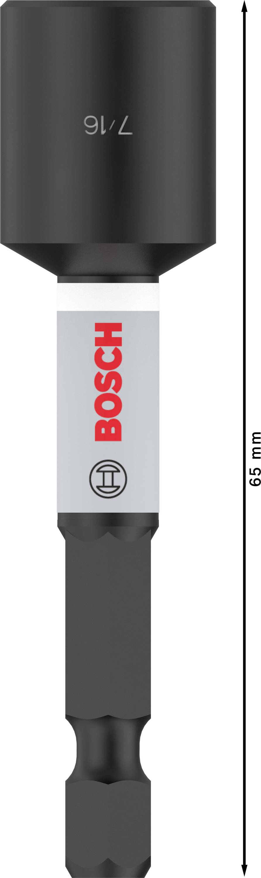 Abgebildet ist ein Bosch Steckschlüssel mit sechskantigem 7/16-Zoll-Kopf und 6,5 mm Länge, geeignet für Bohrmaschinen oder Schrauber.