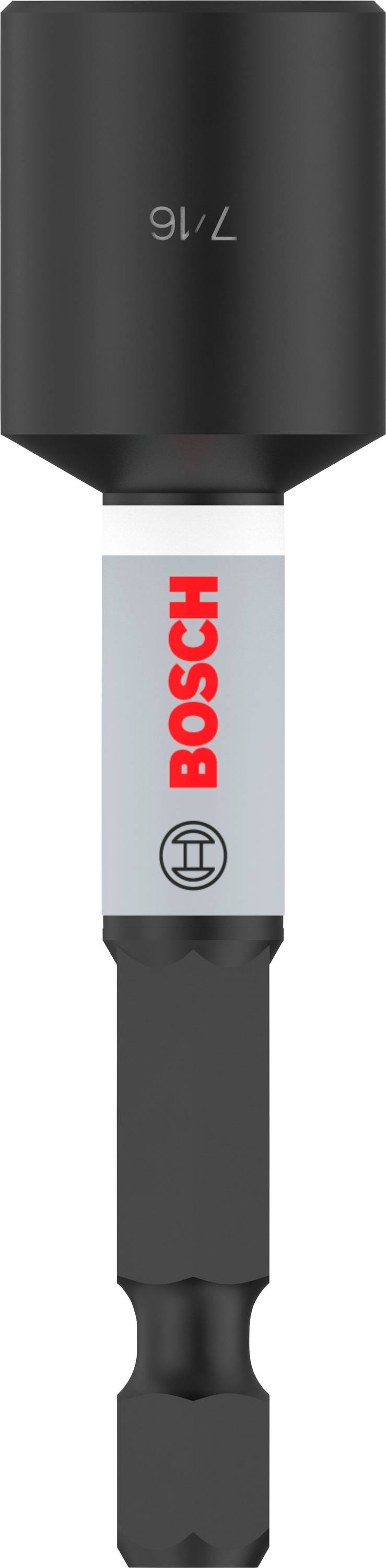 Schwarzer Bohrbit mit der Aufschrift '7/16', darunter der Name 'Bosch' auf weißem Hintergrund.