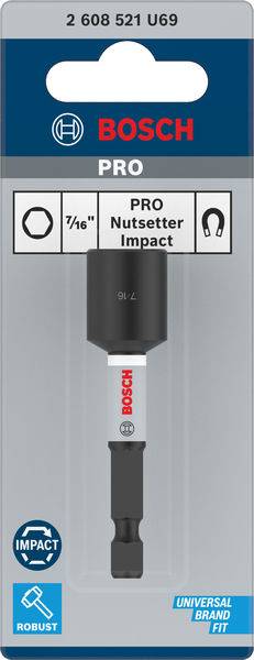 'Bosch PRO Nutsetter Impact', ein 7/16 Zoll Steckschlüssel speziell für Schlagbohrmaschinen, Verpackung in Blau und Grau.
