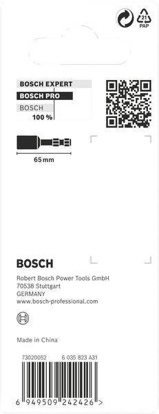 Verpackungsetikett einer Bosch-Werkzeugkomponente, zeigt Produktnamen, QR-Code, Länge von 65 mm und Herstellerinformationen.