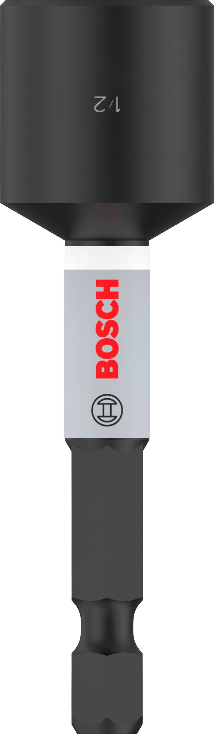Bithalter von Bosch mit Aufsatz und der Aufschrift '1/2'. Geeignet für Schraubarbeiten, zeigt robustes und professionelles Werkzeugdesign.
