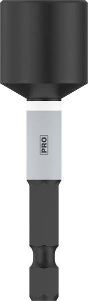 Ein schwarzer magnetischer Bithalter mit sechskantiger Aufnahme und weißem Ring, geeignet für Schraubendreher und Bohrmaschinen.