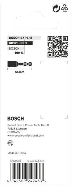 Etikett einer Bosch-Produktverpackung mit QR-Code, Firmenname und Adresse in Deutschland. Produktdetails: '65 mm, Bosch Expert'.