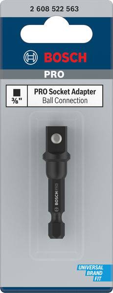 Bosch PRO Stecknussadapter mit Kugelverbindung, geeignet für Universalfabrikate. Verpackung zeigt Adapter und Produktspezifikationen.