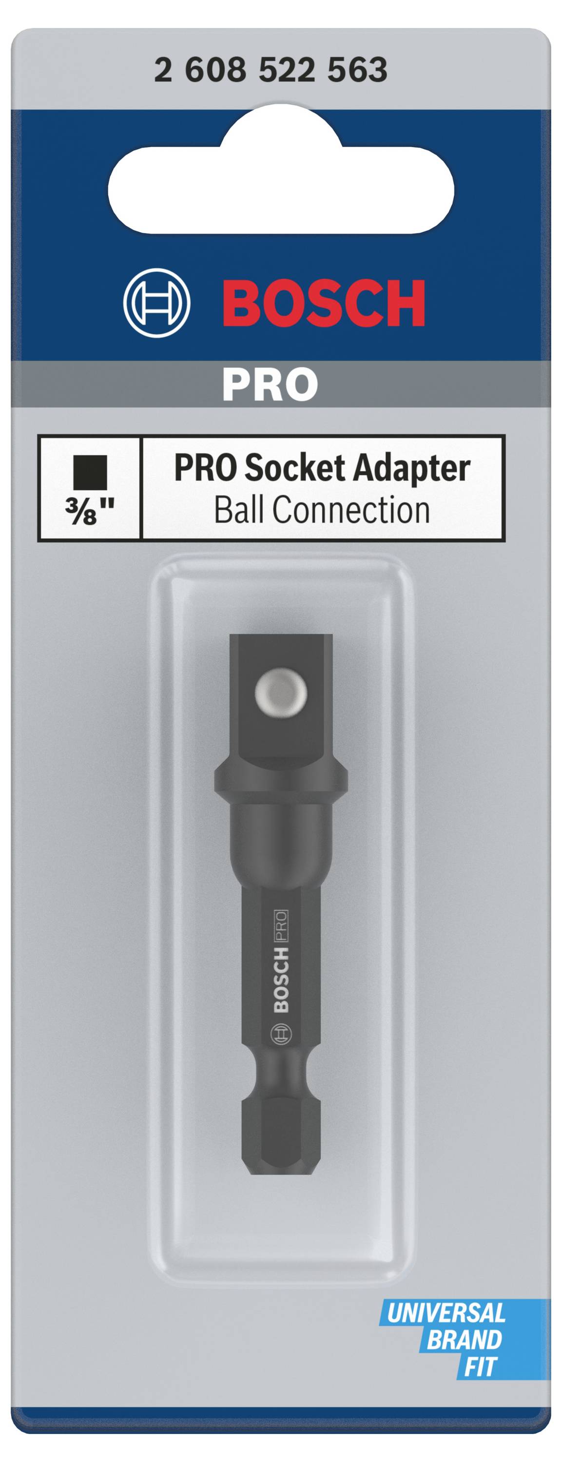 'Bosch PRO Sockeladapter' in Verpackung, zeigt ein schwarzes Adapter-Werkzeug mit Kugelgelenk und universeller Markenpassform.