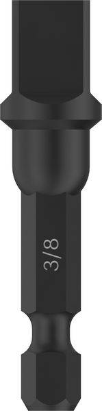Schwarz glänzender Schraubendrehereinsatz mit der Gravur '3/8' in der Mitte, geeignet für den Einsatz mit Elektrowerkzeugen.